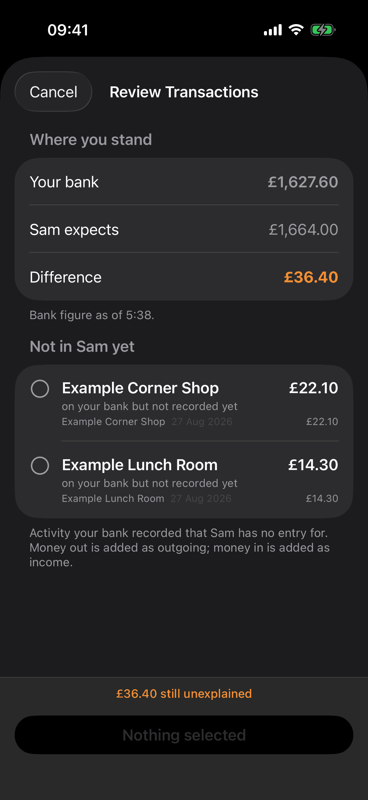 Balance Check shows a £36.40 difference and two unselected purchase suggestions for £22.10 and £14.30.