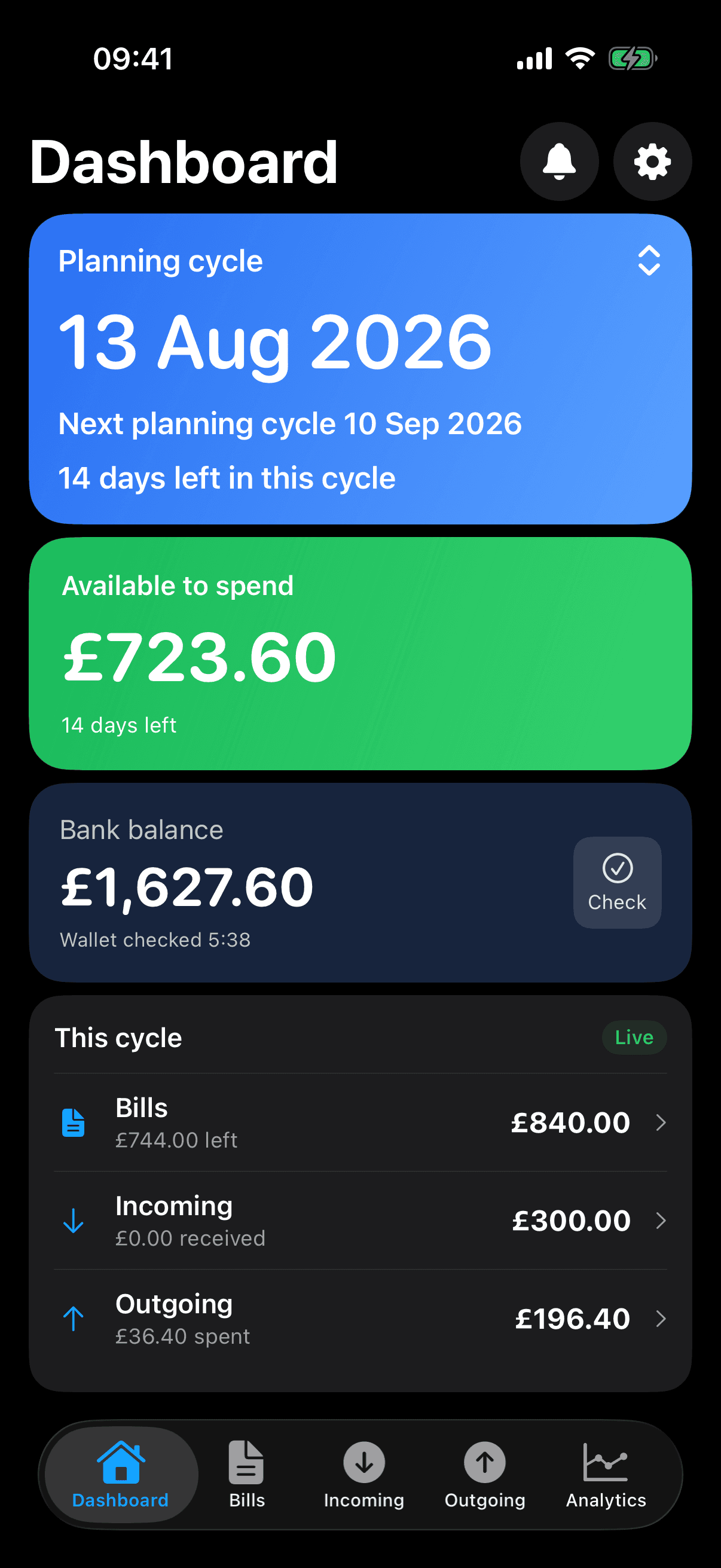 After confirming both purchases, Sam shows bank balance £1,627.60 and Available to Spend £723.60.