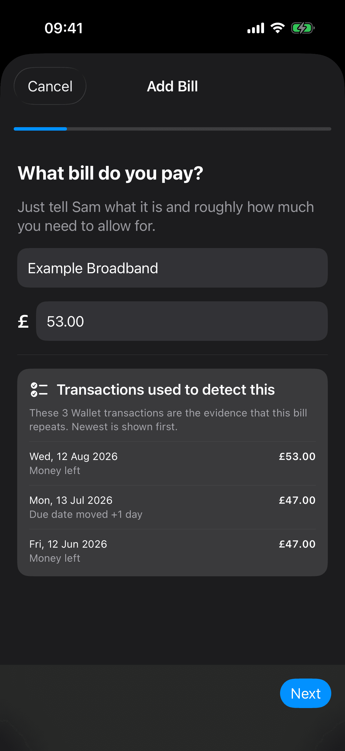 An editable £53 Example Broadband bill suggestion supported by payments of £47 in June, £47 in July and £53 in August.