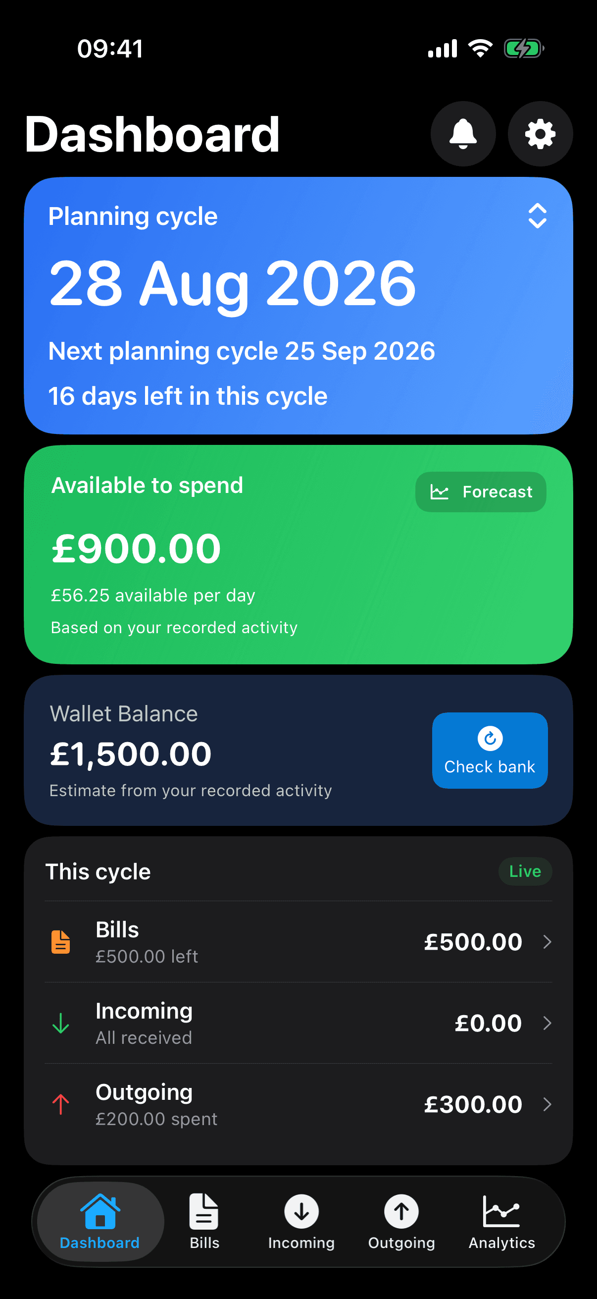 Sam shows £900 available to spend and a £1,500 balance estimate from recorded activity in a fictional plan.