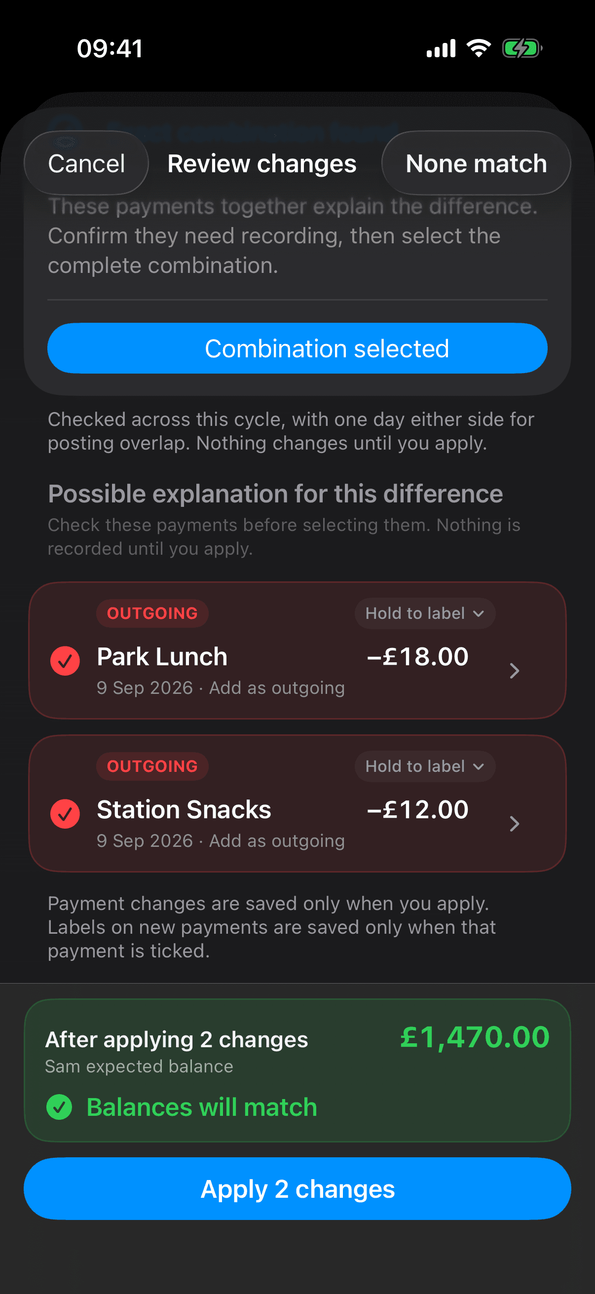 Park Lunch £18 and Station Snacks £12 are selected. A £1,470 balance is previewed above Apply 2 changes; nothing has been applied.