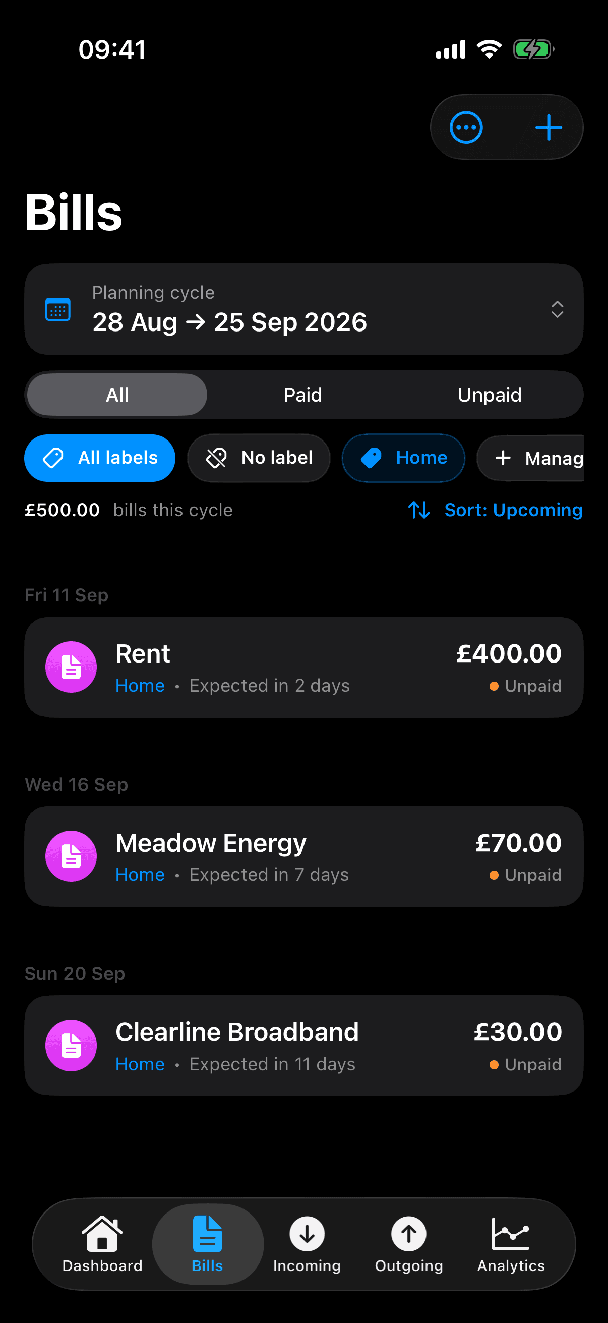 Three fictional unpaid bills total £500: Rent £400 on 11 September, Meadow Energy £70 on 16 September and Clearline Broadband £30 on 20 September.