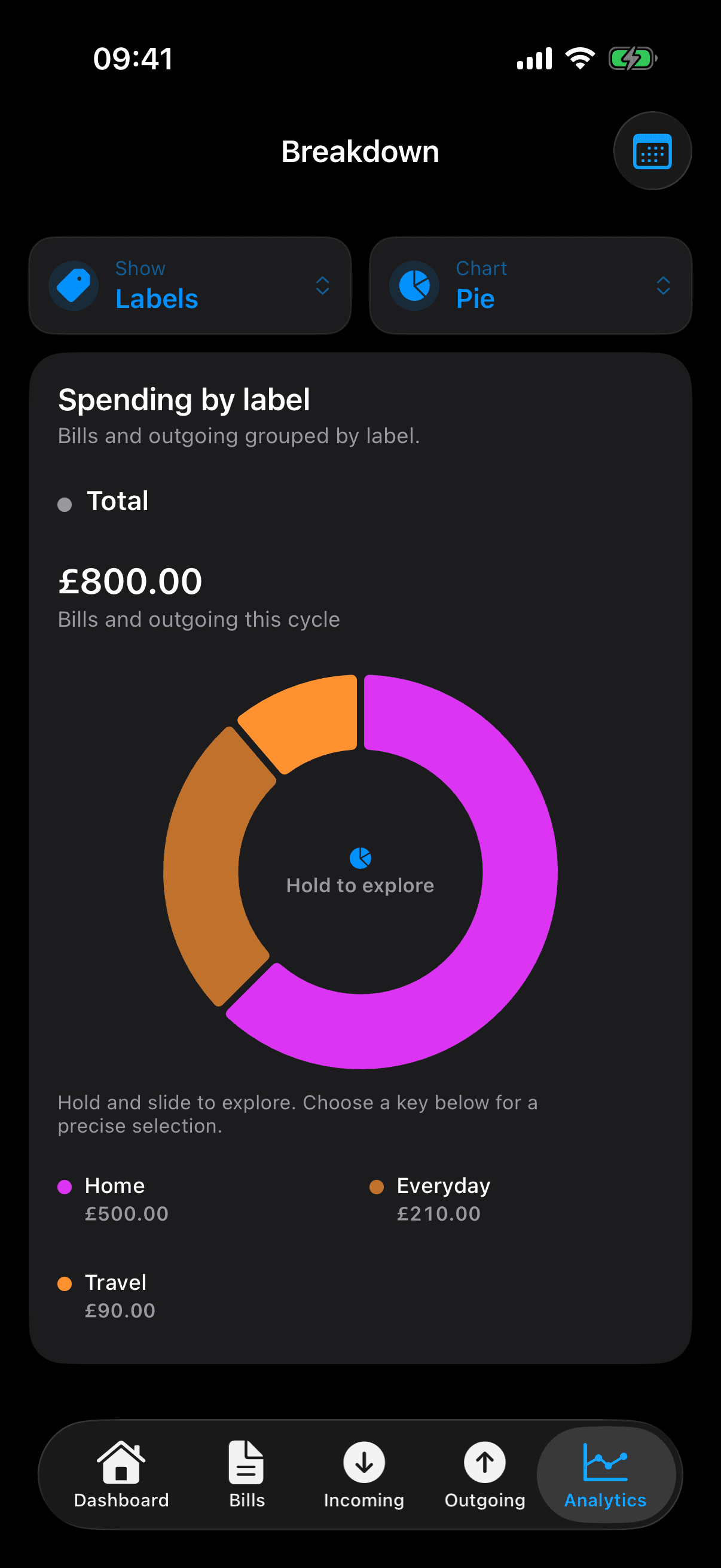 An £800 total of paid and planned bills and outgoing: Home £500, Everyday £210 and Travel £90.