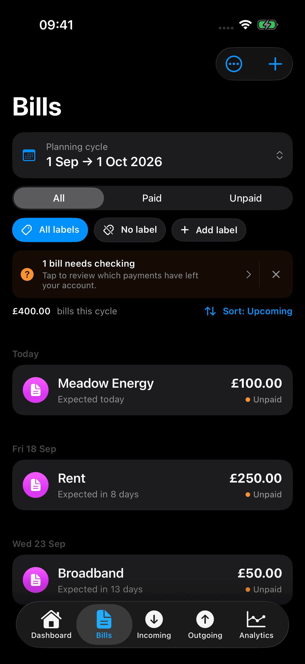 Sam Bills showing the fictional Meadow Energy £100 bill unpaid, alongside Rent and Broadband.