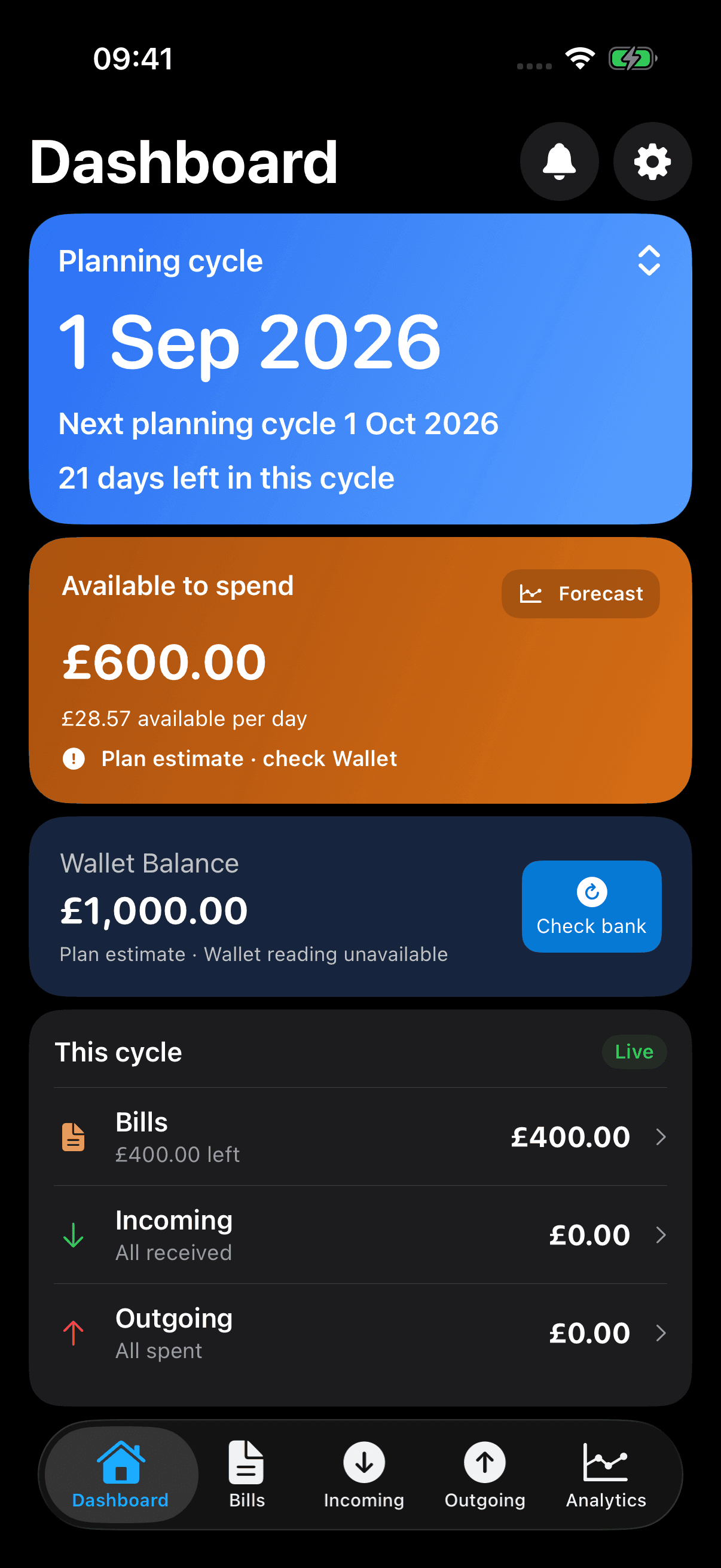 Sam Dashboard before the fictional payment, showing a £1,000 plan estimate, £400 bills left and £600 available to spend.