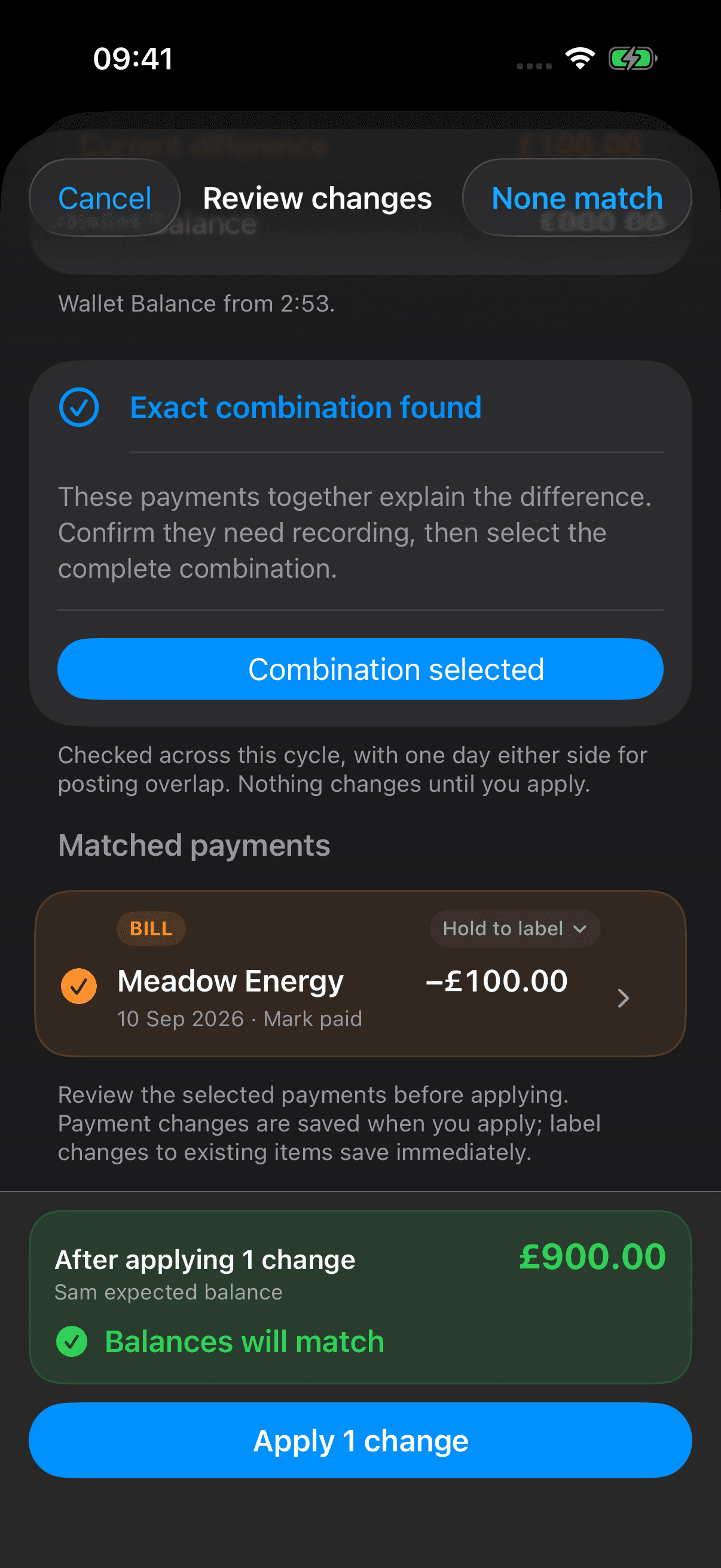 Selected Meadow Energy £100 bill dated 10 September, proposed action Mark paid, predicted £900 balance and Apply 1 change button.