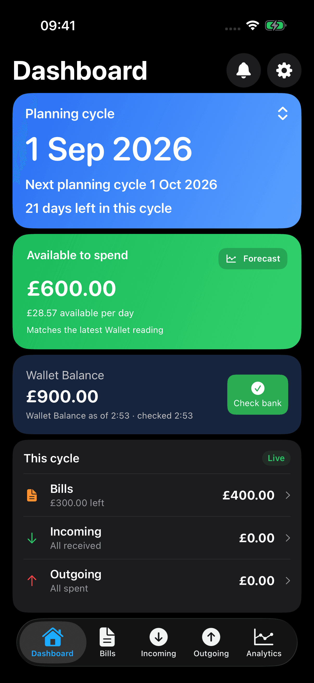 Updated Sam Dashboard showing £900 Wallet Balance, £300 of unpaid bills remaining and £600 available to spend.