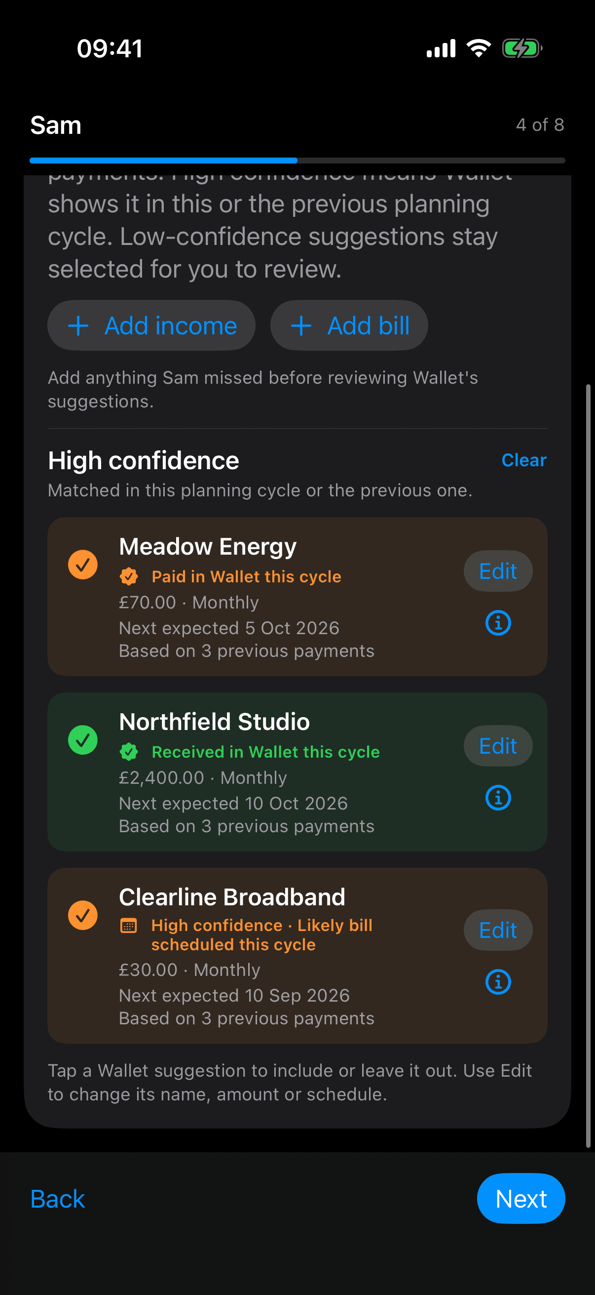 Selected suggestions for Meadow Energy £70 monthly, Northfield Studio income £2,400 monthly and Clearline Broadband £30 monthly, each with an Edit control.