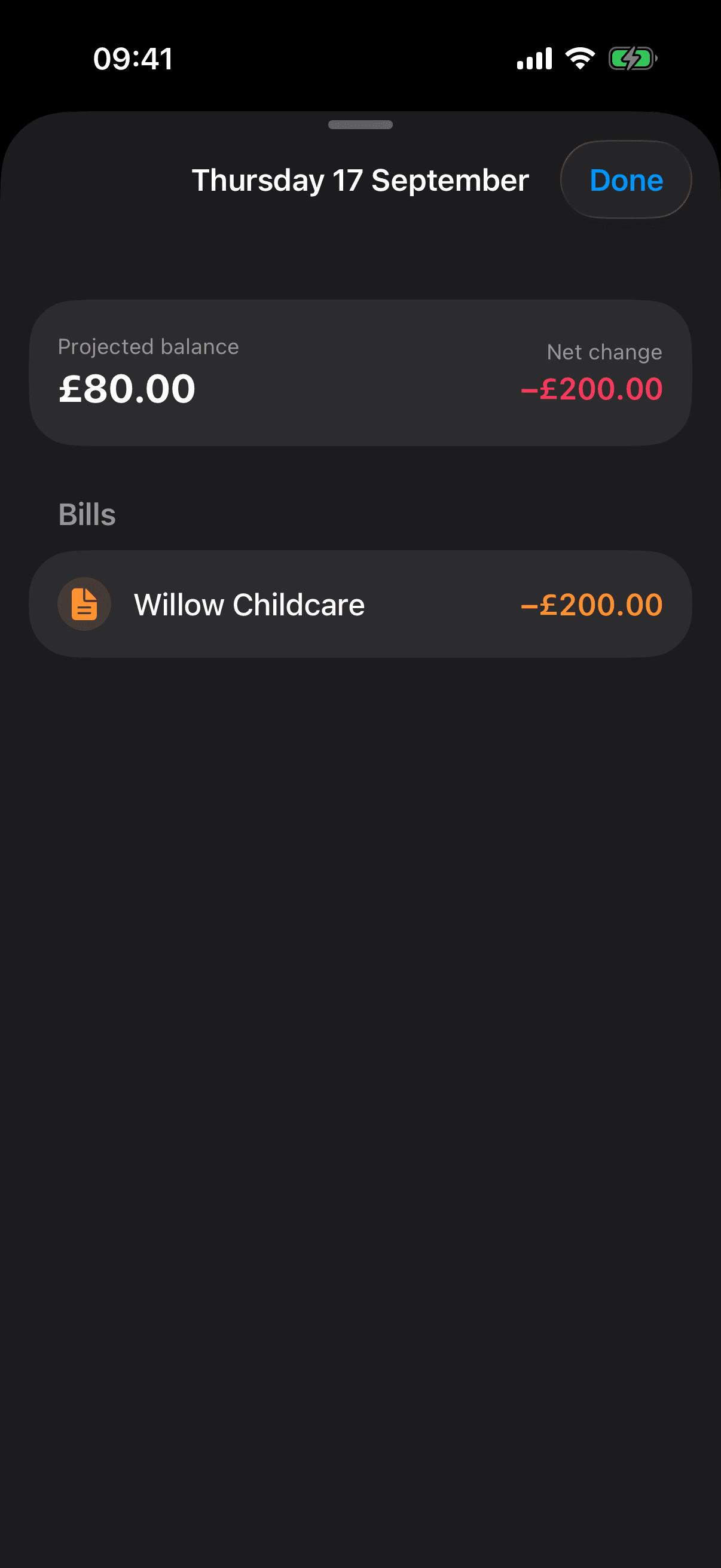 Thursday 17 September detail shows a projected £80 balance, a minus £200 net change and Willow Childcare as that day’s £200 bill.