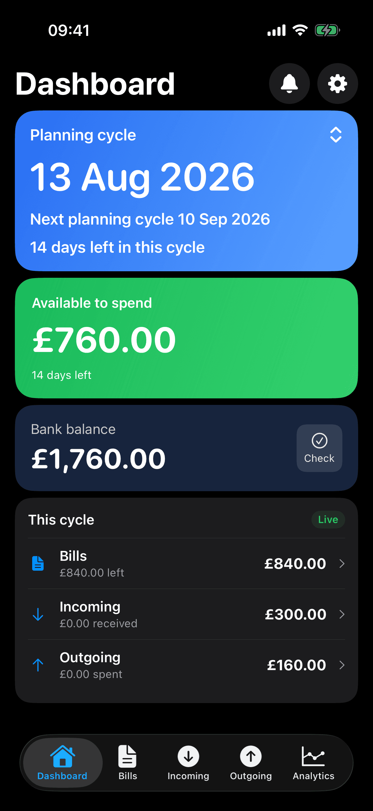Before paying Energy: bank balance £1,760 and Available to Spend £760.