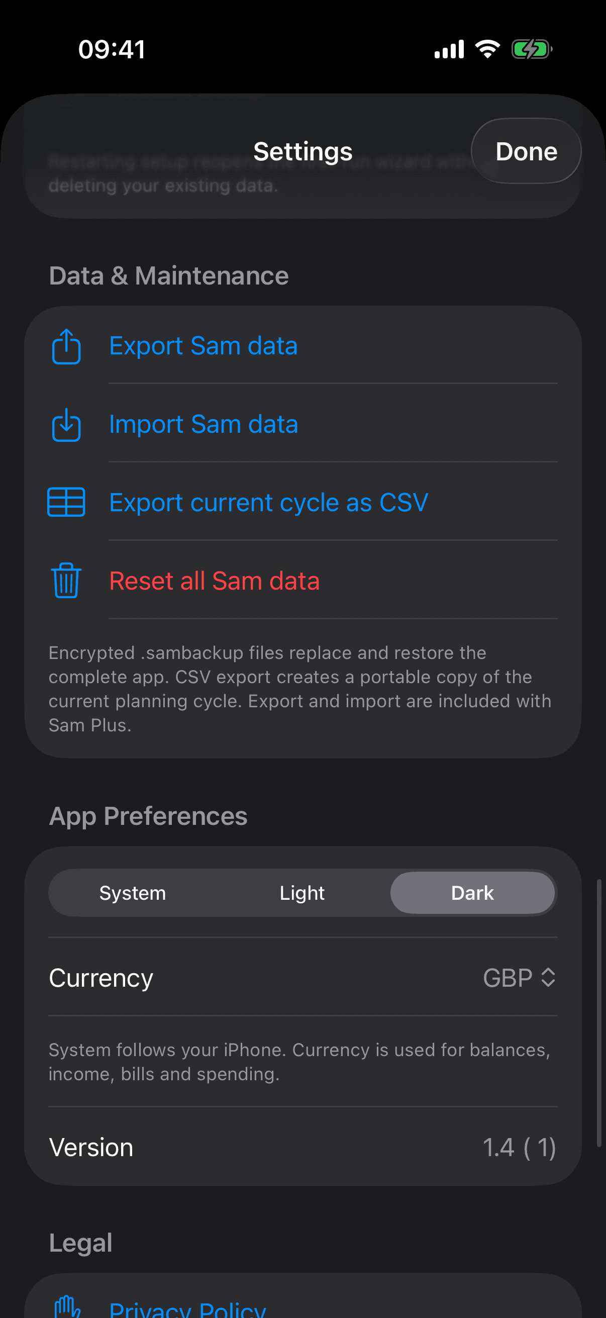 Sam Settings shows Export Sam data, Import Sam data and Export current cycle as CSV controls.