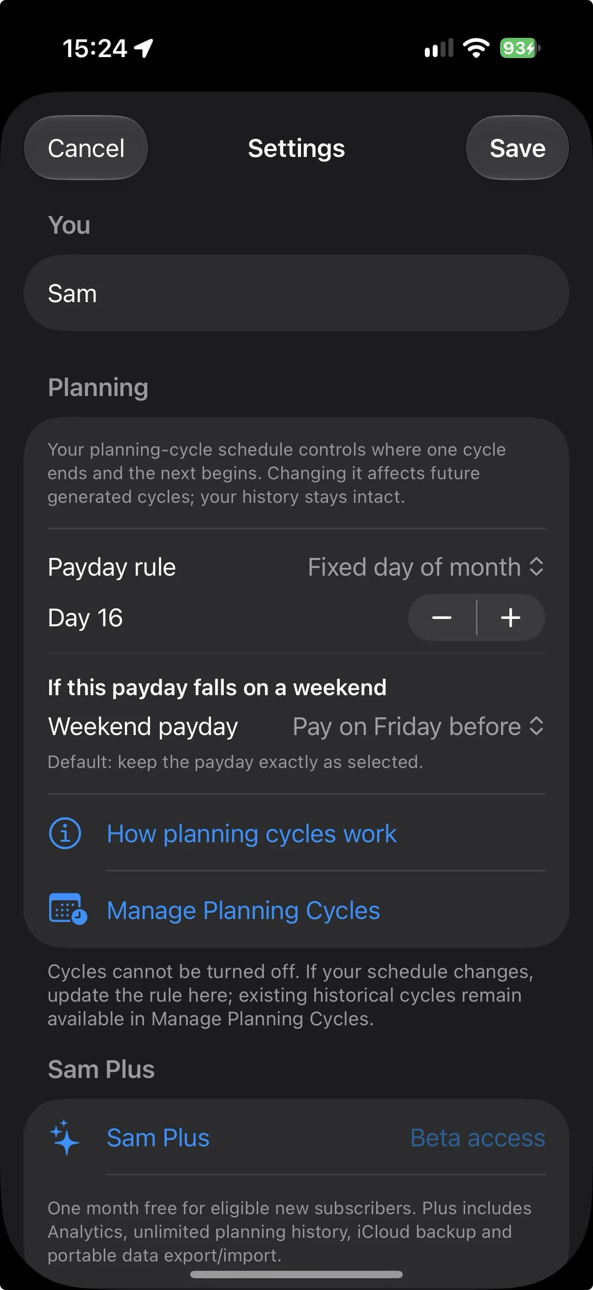 Sort All Money planning settings
